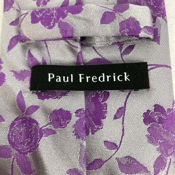 Paul Fredrick Tie Mens Purple Gray Floral 100% Silk Pointed Classic Tie - Picture 3 of 7